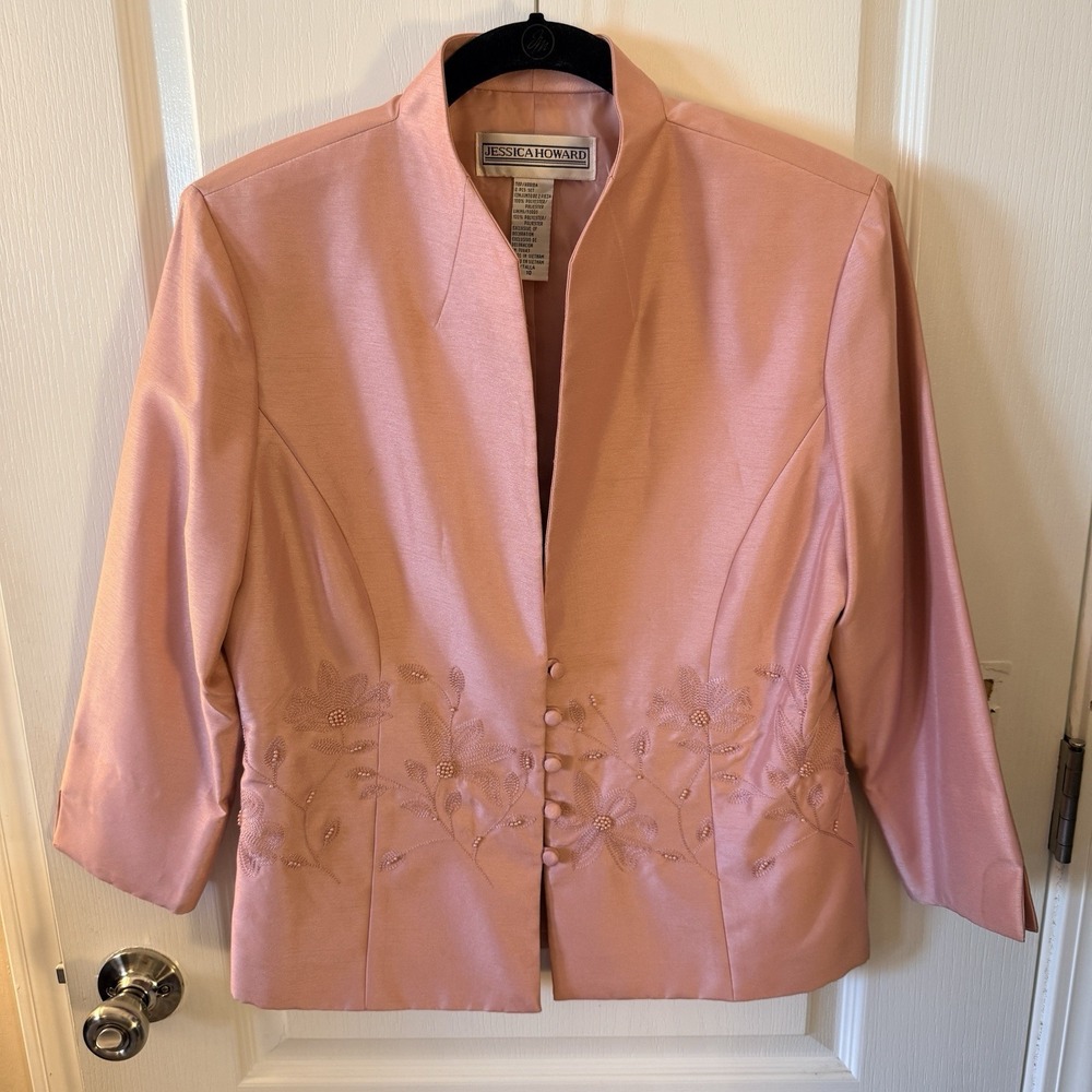 Jessica Howard Pink Floral Suit Jacket Size 10 Iridescent Beaded‎ Button Front